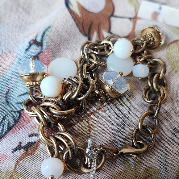 Stone Glass Moonstone Bracelet and Pierced Earrings Brass Tone Angela Rustini - Picture 3 of 8